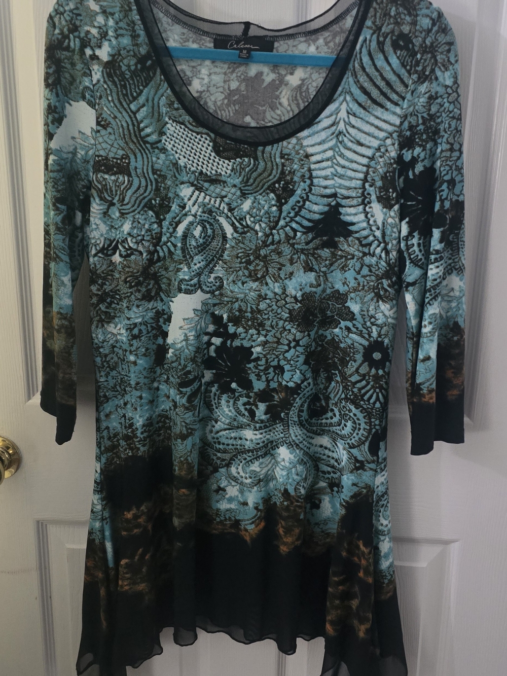 Culeen Teal Floral Mesh Scoop Neck Women's Top
